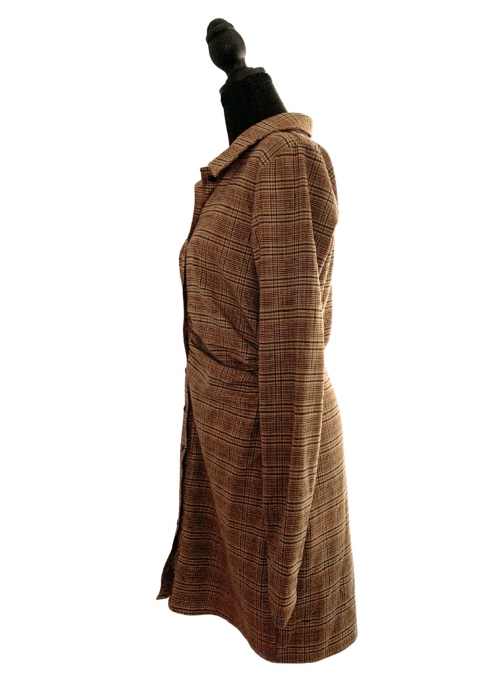 Zara Brown Plaid Midi Runched Shirt Dress Womens Large Cottagecore Dark Academia - Picture 2 of 8